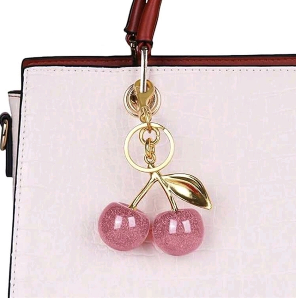 Gold Pink Cherry Keychain Bag Charm - Picture 7 of 10